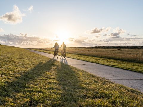 Zwei Radfahrer, die im Sonnenuntergang an einem Deich entlang fahren