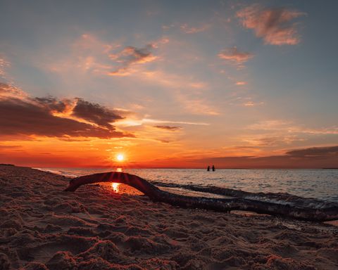Sonnenuntergang am Strand mit einem großem Stück Treibholz im Vordergrund und zwei Menschen, die baden gehen im Hintergrund
